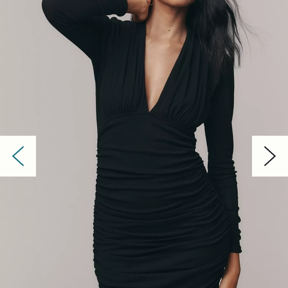 NWT Anthropologie Black Vneck Ruched Midi Mesh Dress Size L - Picture 2 of 11